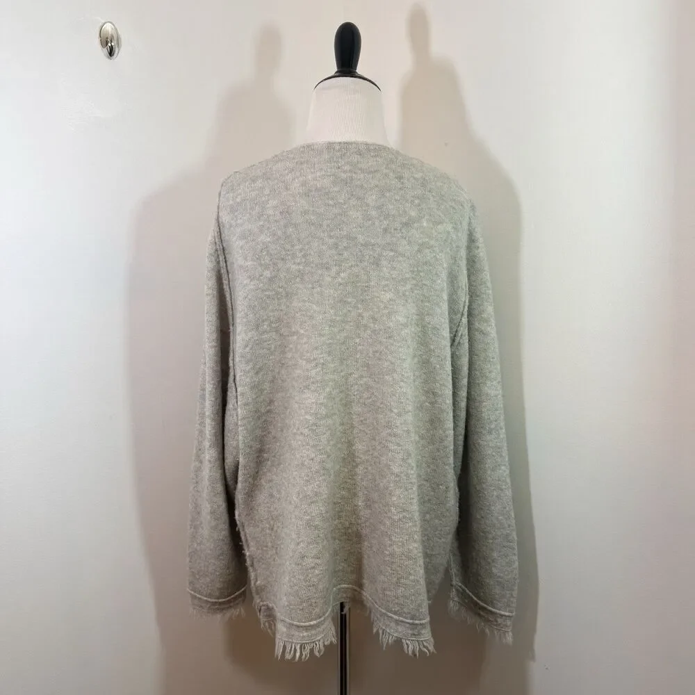 Free People Wool Linen Blend Irresistible Fringe Trim Oversized Grey Sweater S